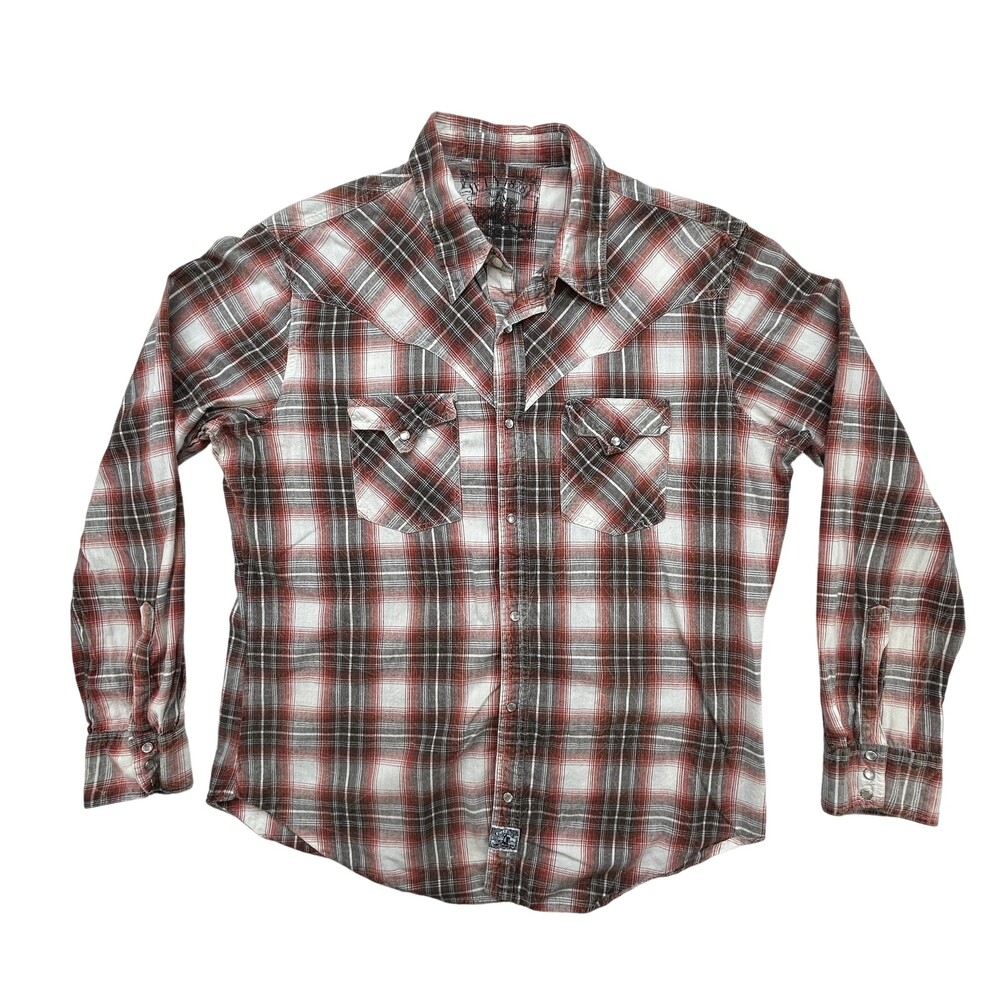Ely Cattlemen Shirt Mens Medium Plaid Western Pearl Snap Skull Graphic Rodeo